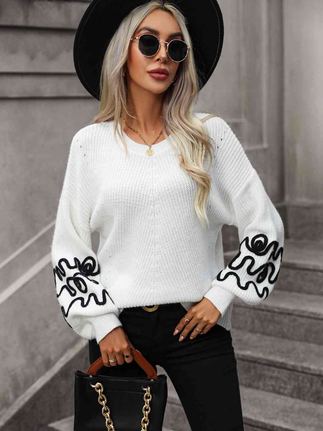 Product Image for Heidi-Mode | Kontrast Drop Shoulder Rundhals Pullover, Weiß / S