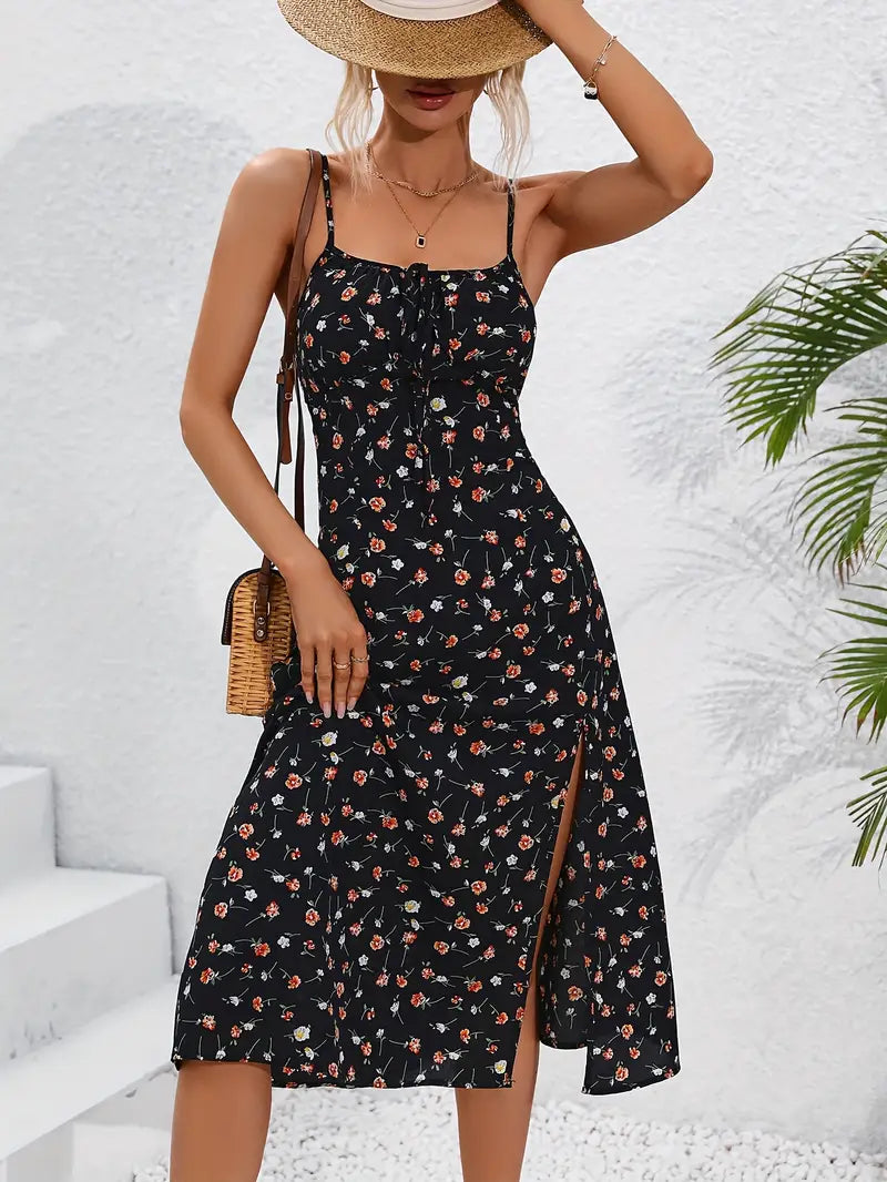 Product Image for Heidi-Mode | Sommerkleid mit Ausschnitt Elegantes Urlaubskleid mit Druck Auf Spaghettiträgern, S / Schwarz