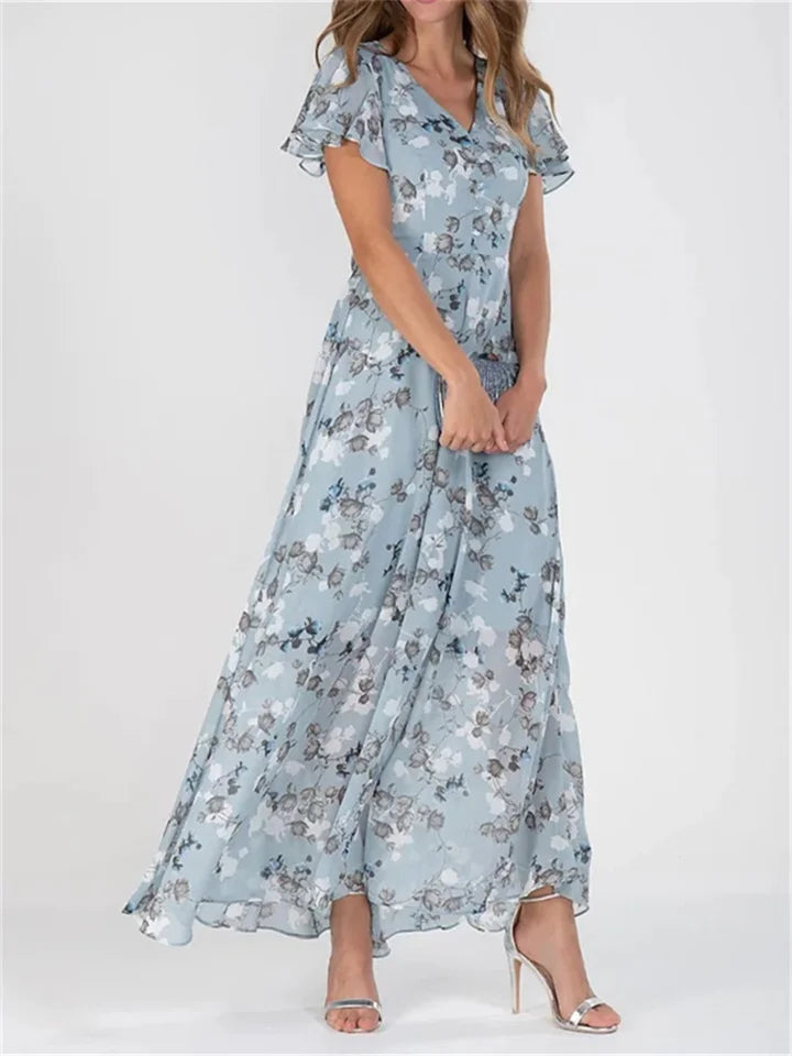 Product Image for Bedruckte Midikleider mit langen Ärmeln und V-Ausschnitt, Seeblau / 3XL