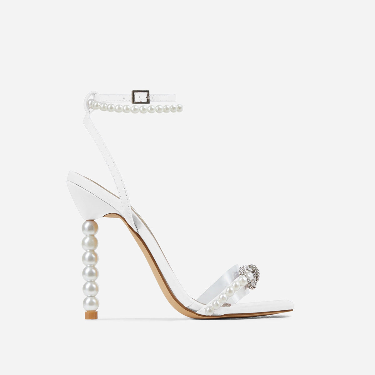 Product Image for Heidi-Mode | Quadratischer Stiletto Heel High Heels Strass Schleife Perle Riemen Europäische und Amerikanische Große Größe Damen Schuhe, Weiß Pu / 37