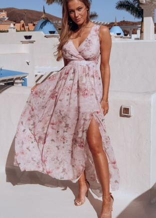 Product Image for Heidi-Mode | Maxikleid aus Tüll Von Havefeen mit Blumen Rüschendetails und Tailliertem Ausschnitt Zum Binden Hinten, Rose / 2XL