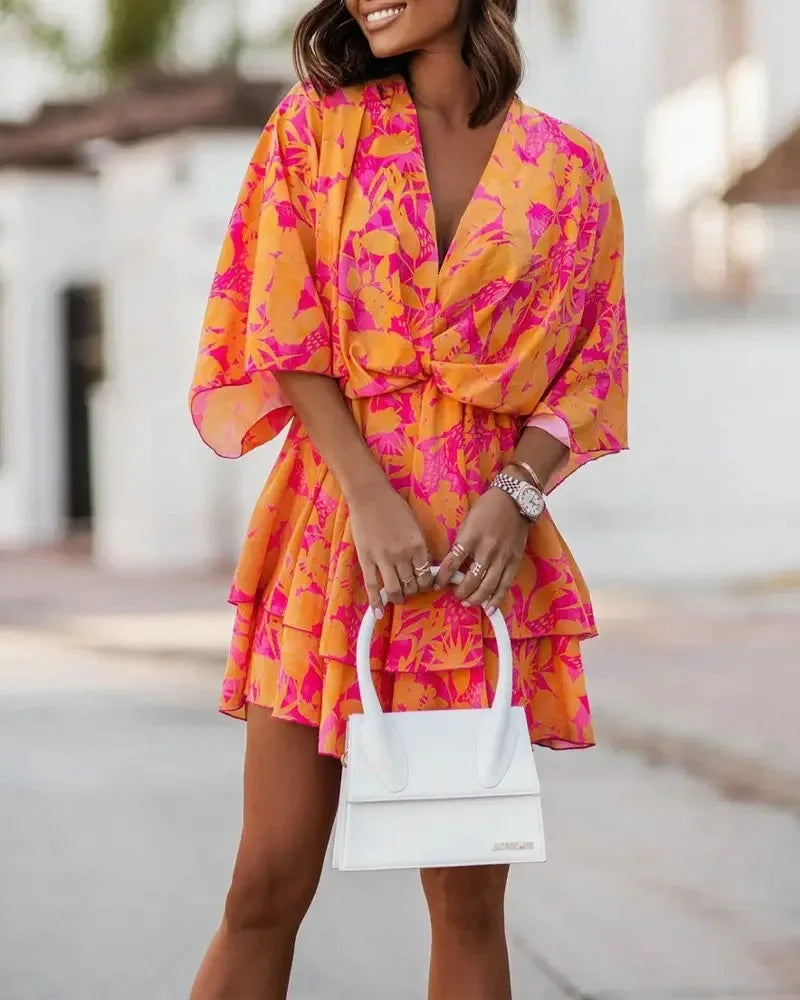 Product Image for Heidi-Mode | Damen Kurze Ärmel Kleider Sommer Boho Blumenmuster Hohe Taille, XL