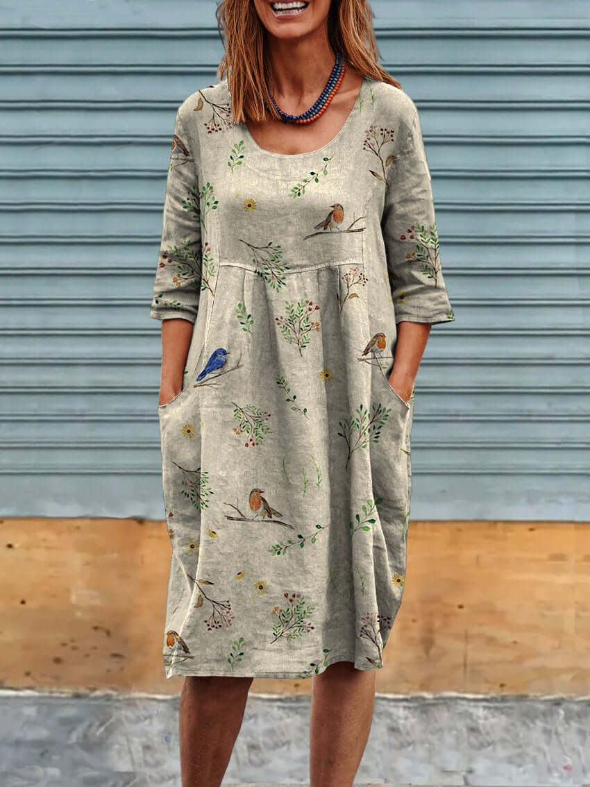 Product Image for Heidi-Mode | und Robin Vögel Muster Gedruckt Damen Leinen Tasche Tunika Kleid, Sand / XL