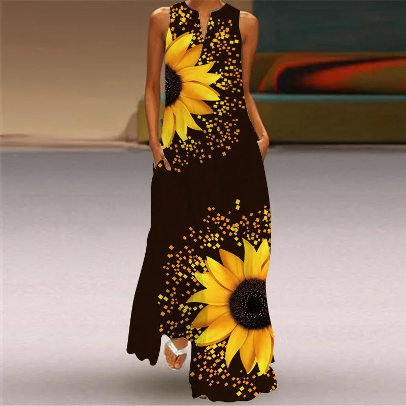 Product Image for Festlich bedrucktes langes Kleid mit V-Ausschnitt, Schwarz / 3XL