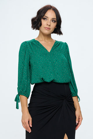 USA MADE!! Green Print V neck Top with Sleeve Tie – Elsy Style