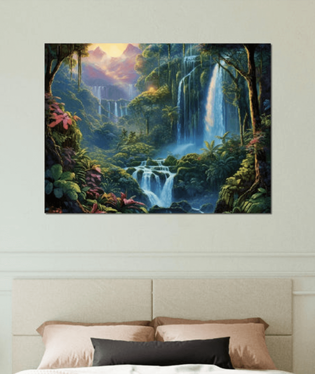 art piece on wall above bed