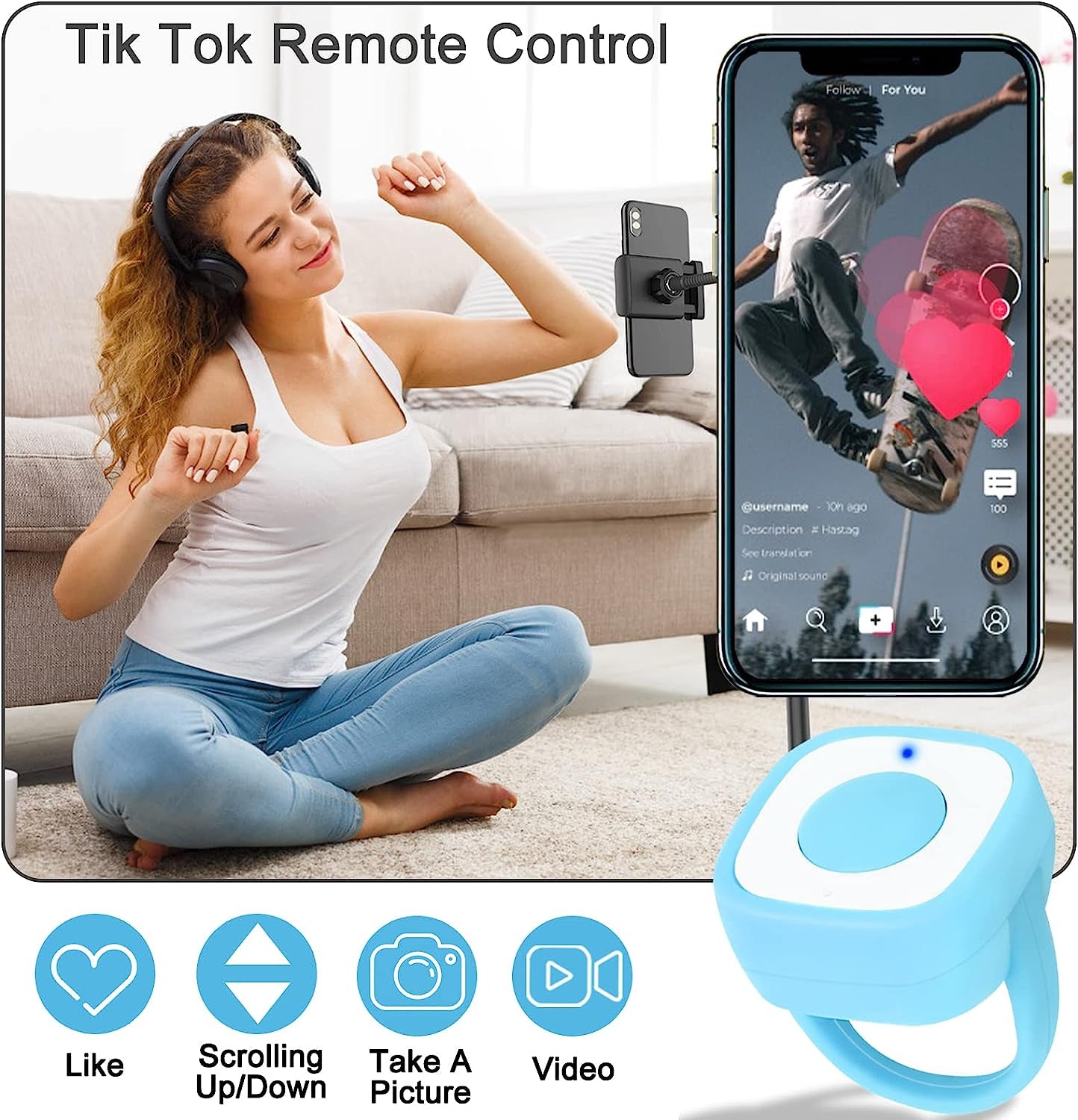 Télécommande Tiktok Kindle App Page Turner, caméra Bluetooth Enregistrement  vidéo Déclenchement selfie à distance avec dragonne pour Iphone, Ipad, Ios,  Android