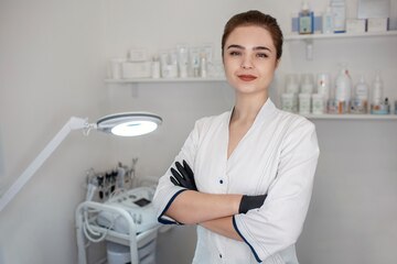 jeune esthéticienne professionnelle avec blouse blanche dans son cabinet blanc