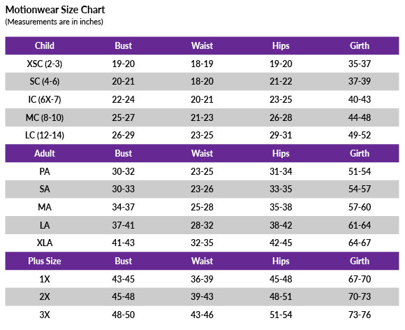 Balera Size Chart – The Dance Boutique