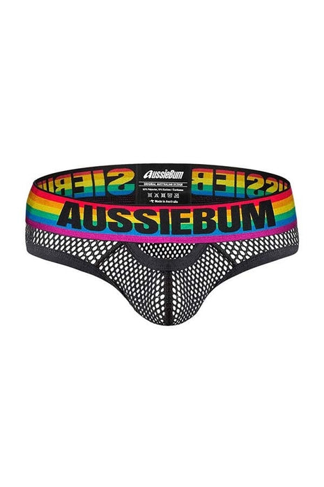 AUSSIEBUM MENS Pride Mesh 100% See Through Briefs M Black Rainbow LGBTQIA+  
