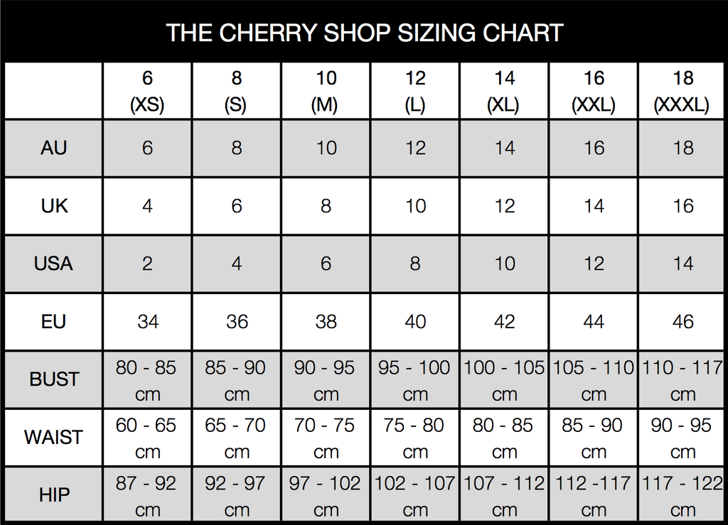 SIZING CHART The Cherry Shop