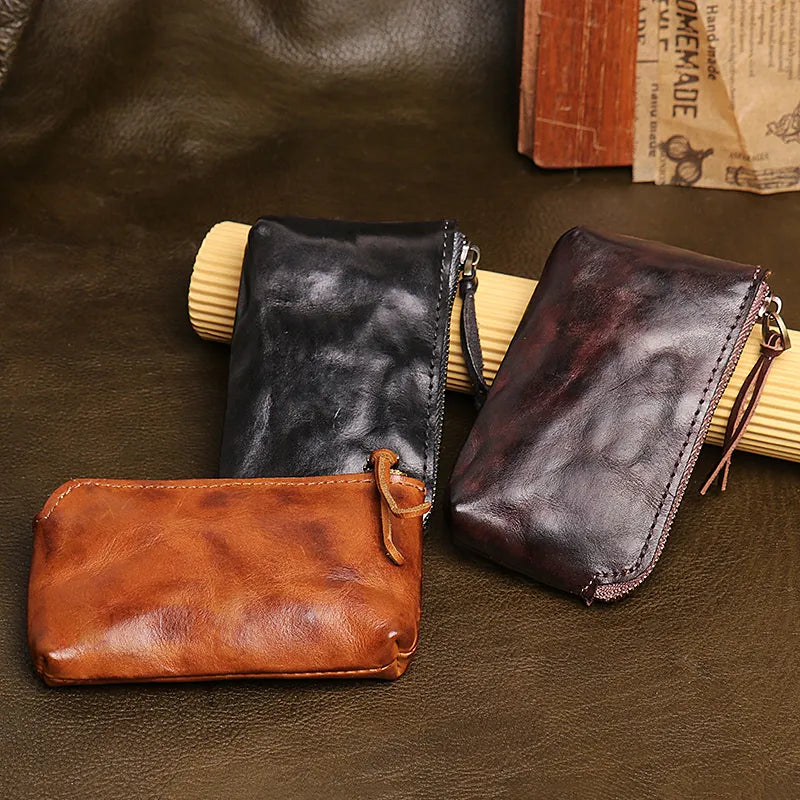Handmade Original Genuine Leather Short Coin Purse Wallet Male Zipper Simple Mini Small Purse Key Bag Coin Wallet Card Bag BPW24