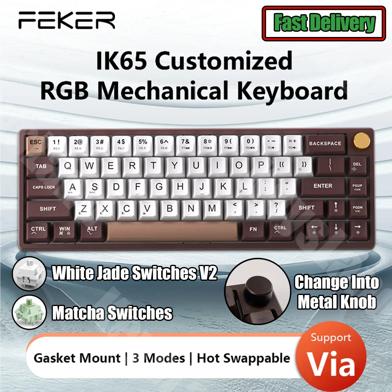 FEKER IK65 Wireless Mechanical Keyboard 65% Bluetooth 2.4G RGB 3 Modes Via Hotswap Cherry Profile Dye Sub PBT keycap Gasket ET24