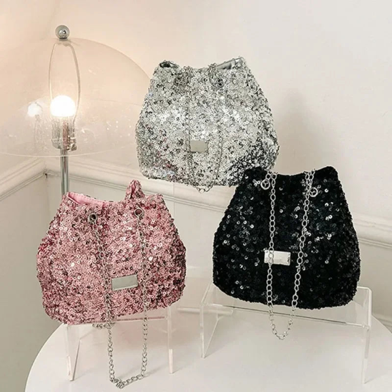 Fashion Sequined Women's Bucket Bag Handbags Female Crossbody Shoulder Bag Tote Purse Chain Messenger Bag Lady Handbag BPW24