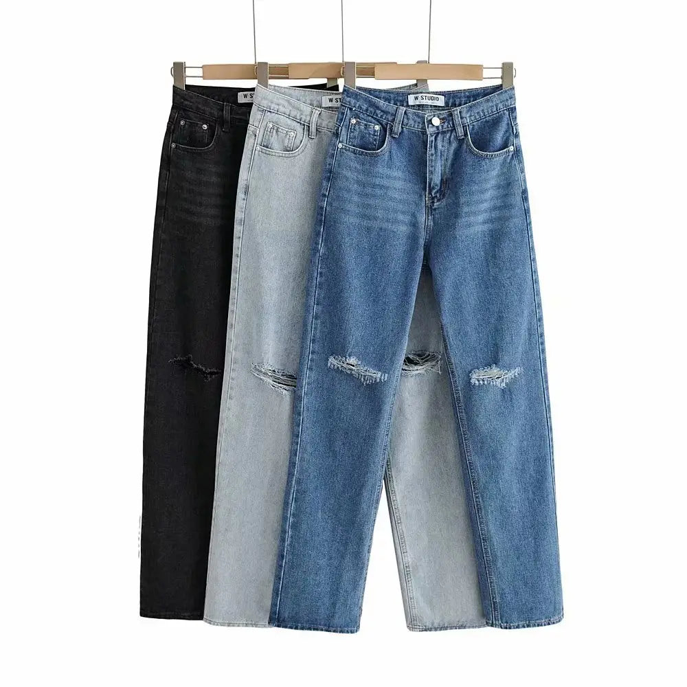 Double-knee Holes Rolled Edge Jeans