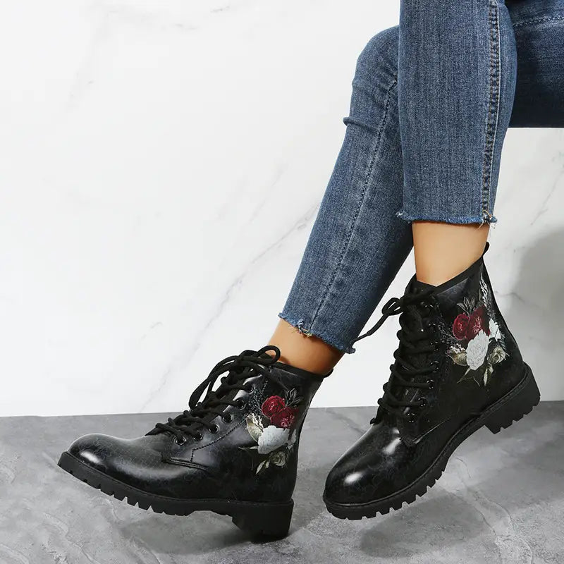 Rose Print Lace-up Ankle Boots