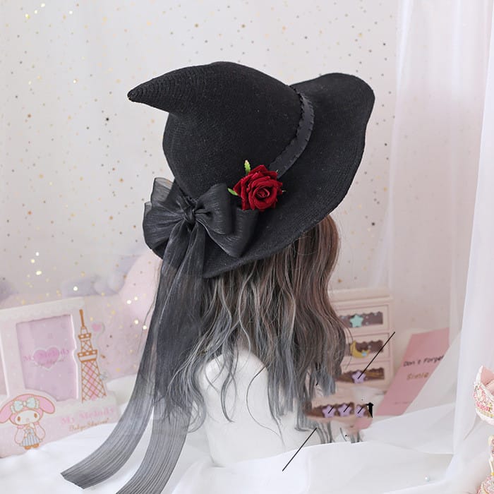 Retro Witch Hat with Gothic Rose Bow