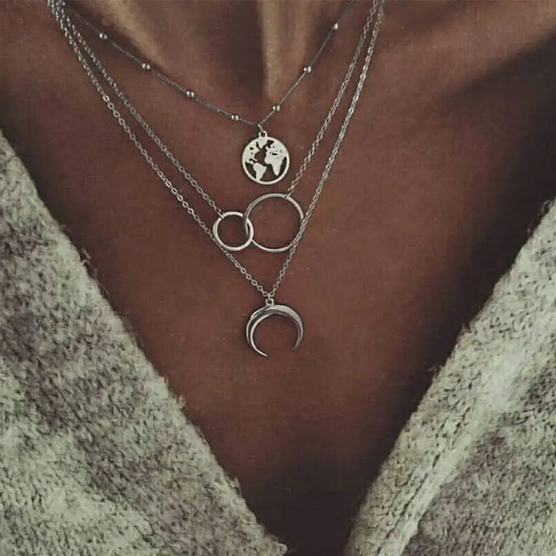 Boho Multilayer Moon Map Necklace