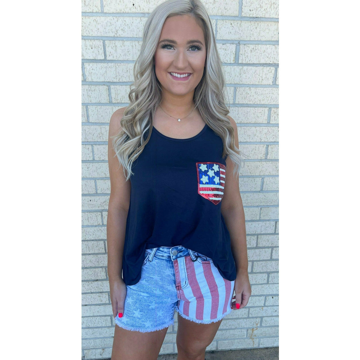 Nellie Navy Sequin Flag  Tank Top