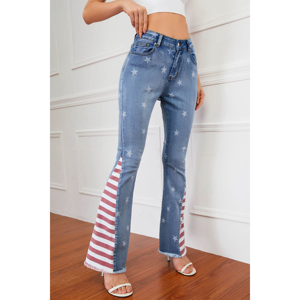 Full Size US Flag Frayed Hem Flare Jeans