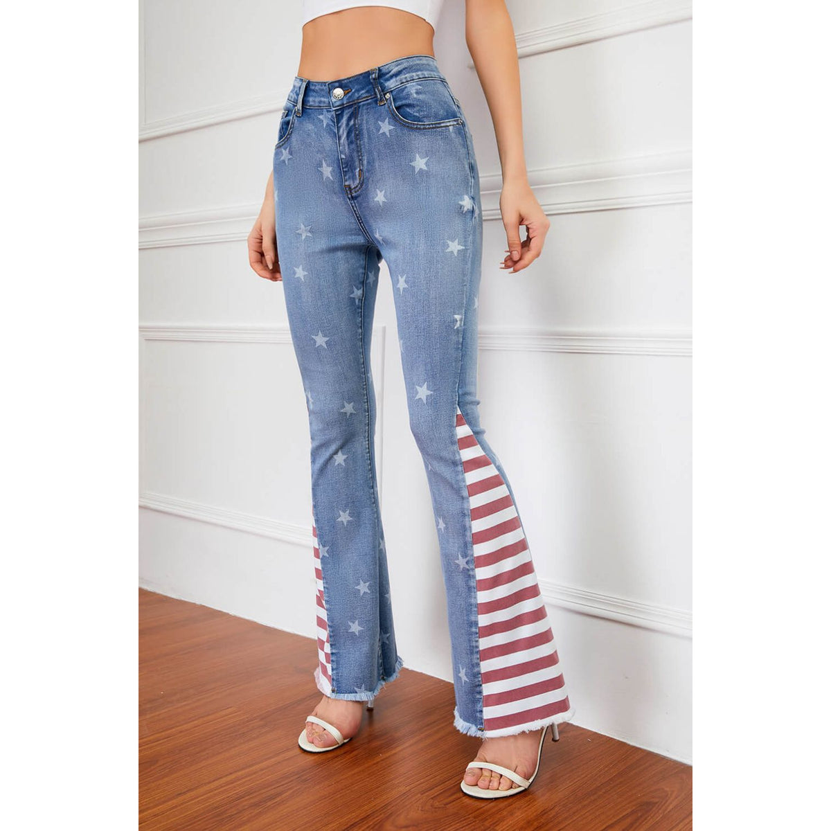 Full Size US Flag Frayed Hem Flare Jeans