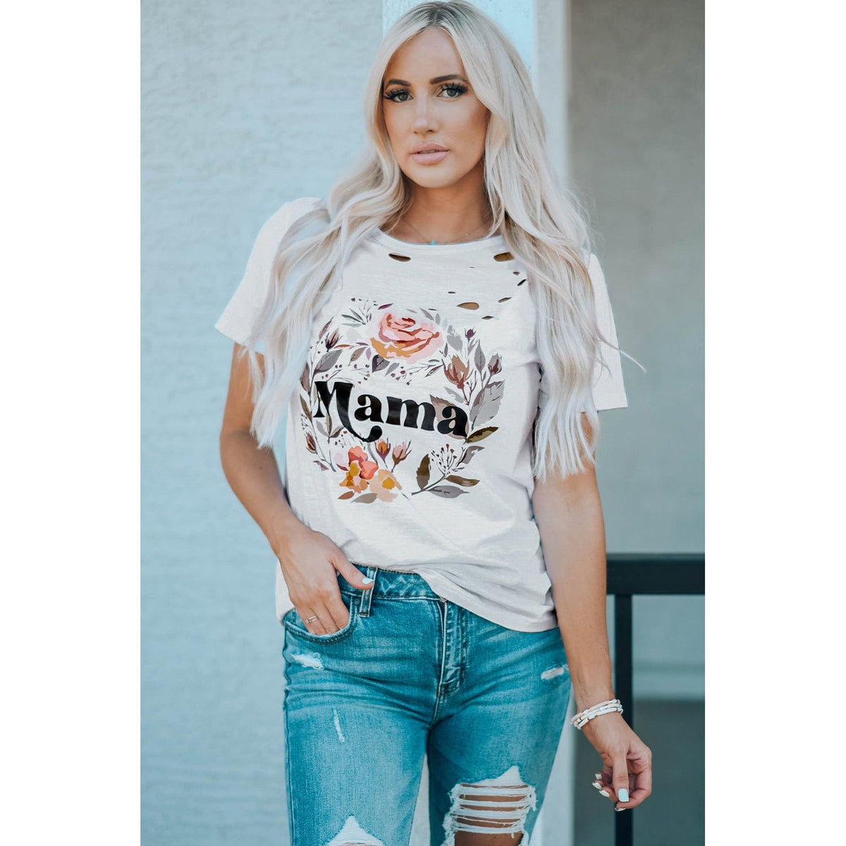 MAMA Floral Graphic Distressed Tee