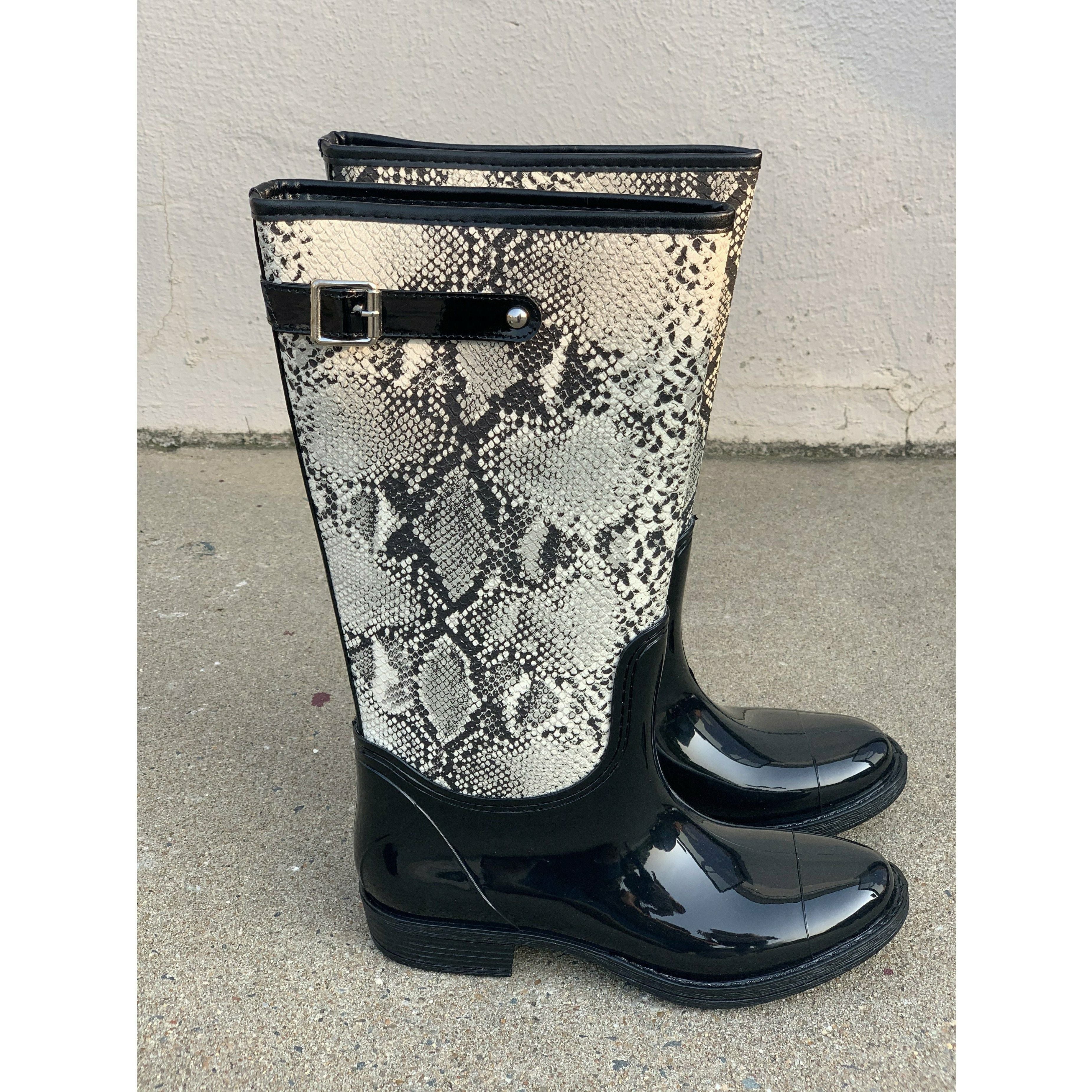 snake print rain boots