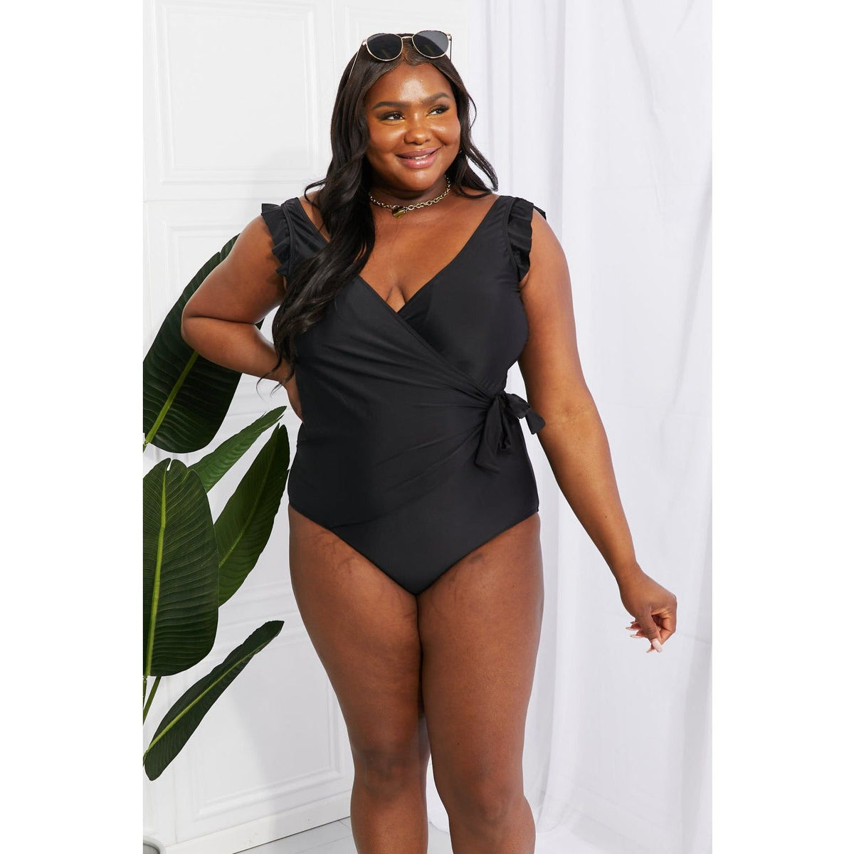 Marina West Swim Full Size Float On Ruffle Faux Wrap One-Piece in Black