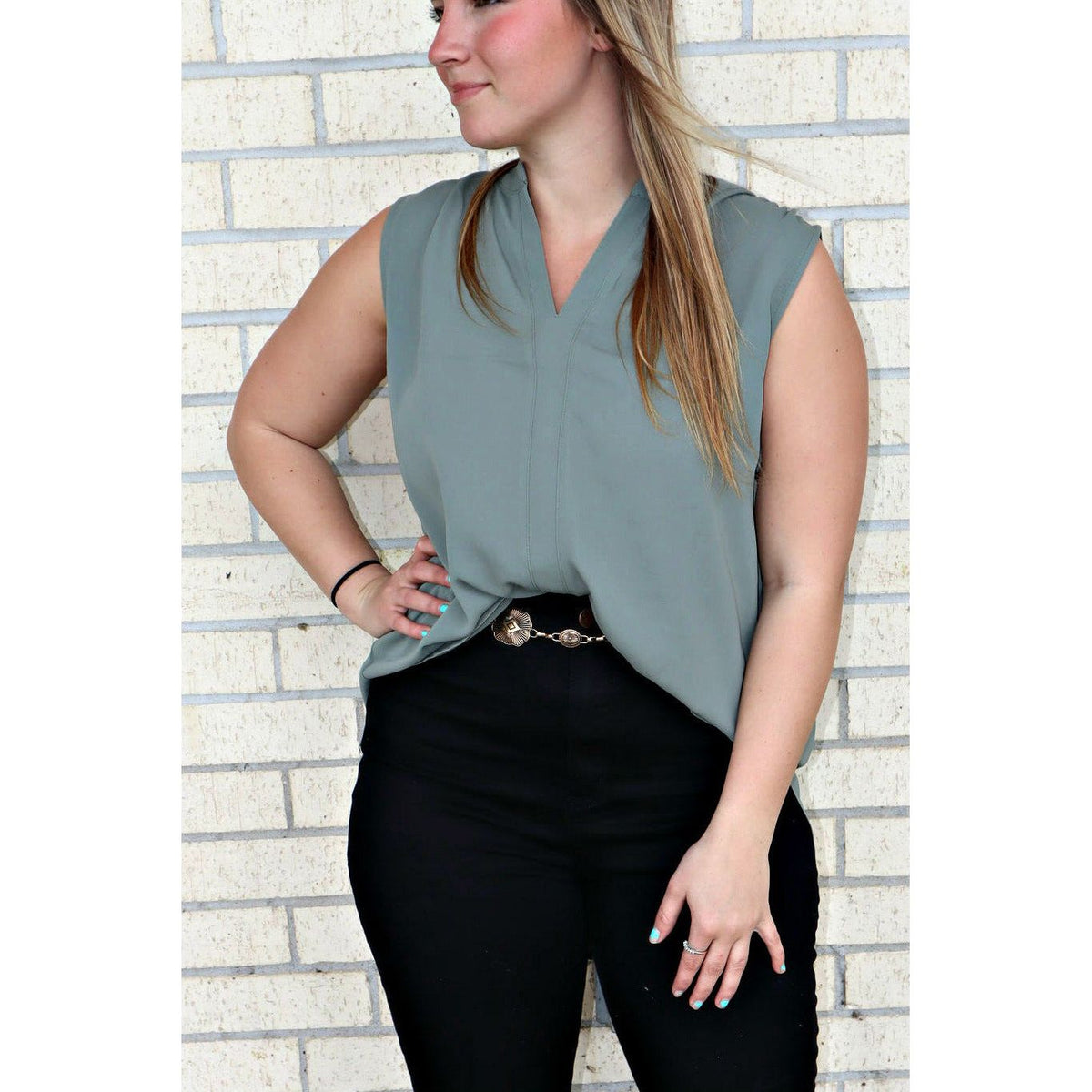 Olive Split Neck Flowy Tank