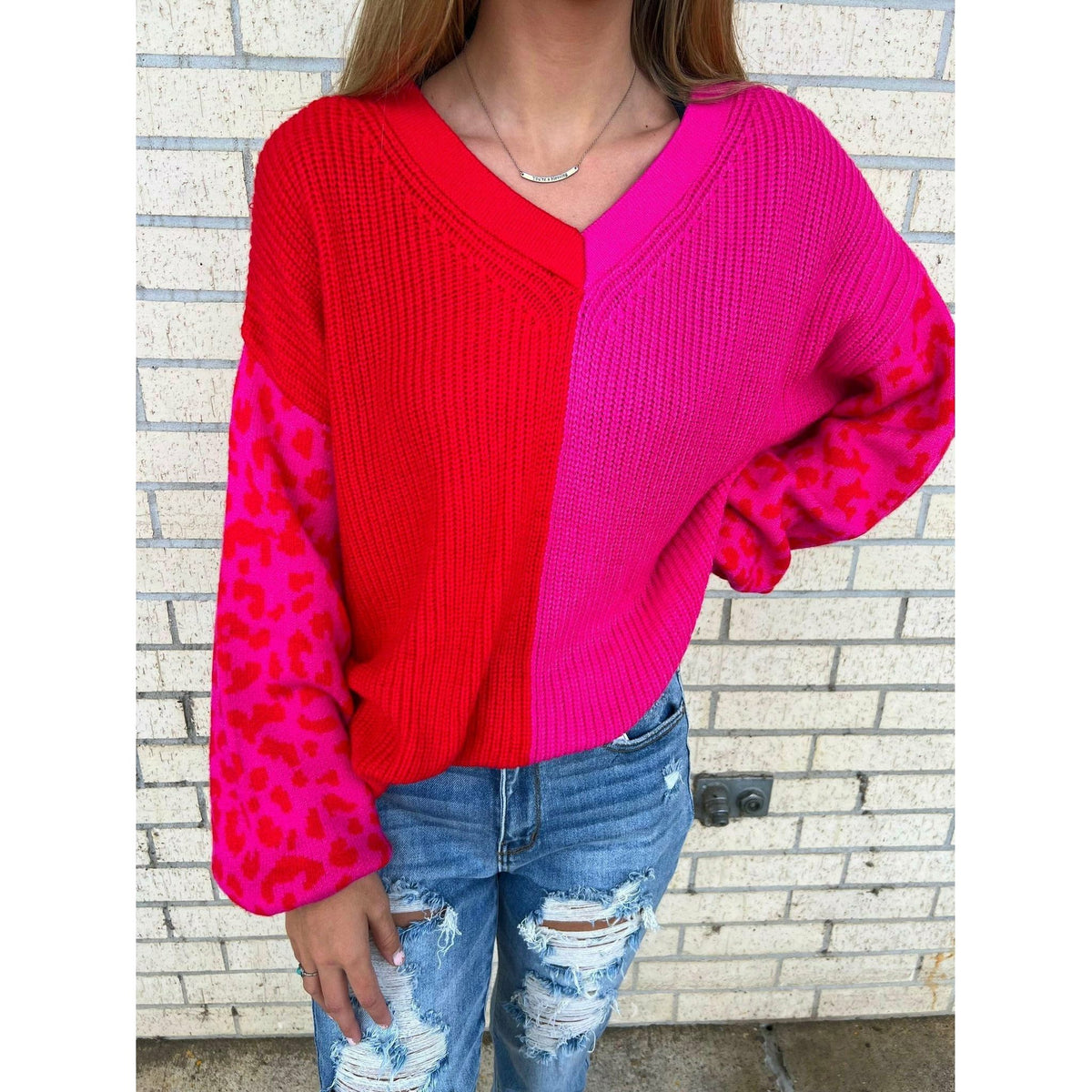 Dee Elli Pink/Red Leopard Sleeve Sweater