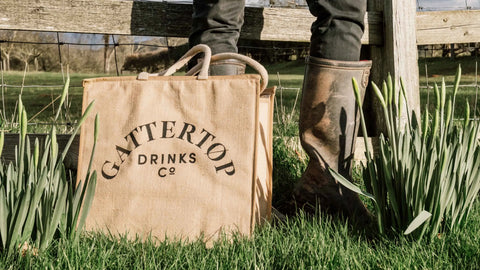 Spring Equinox, Gattertop branded picnic bag next to budding flowers