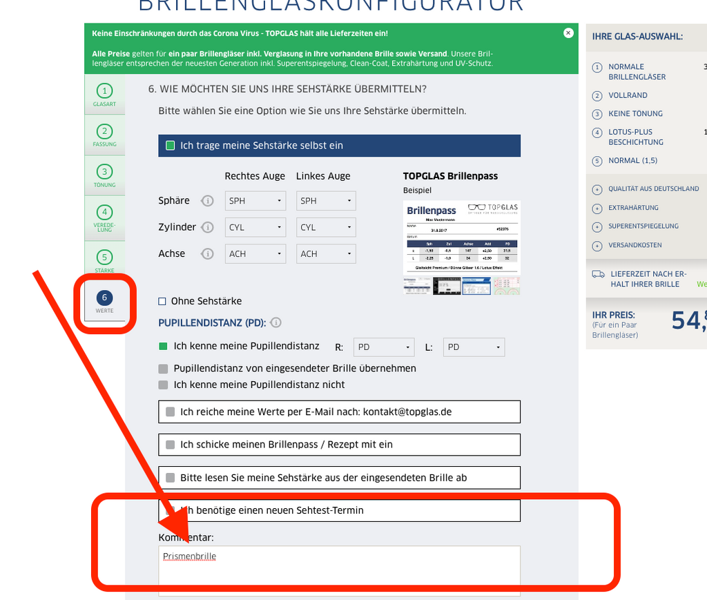 Bestellung Prismenbrille