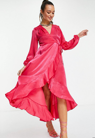 3. Asos Flounce London Maternity satin long sleeve wrap maxi dress in hot pink