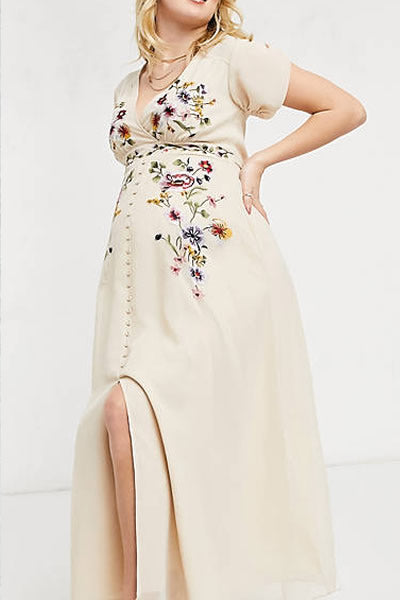 3. Hope & Ivy Maternity plunge floral embroidered midi tea dress in ivory
