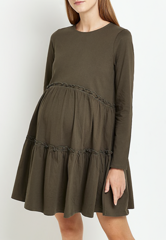 7. River Island MATERNITY KHAKI LONG SLEEVE FRILL MINI DRESS