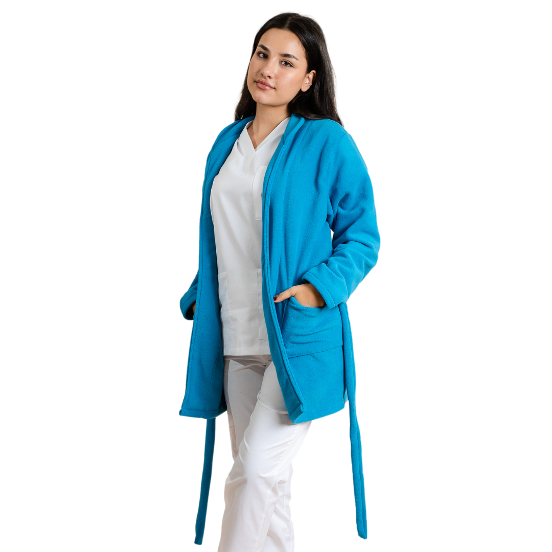 Halat Polar Medical Dama sau Barbat Scurt Divia | Halate groase medicale | Halat moton | molton fleece spital | Elegant cu guler tunica | alb negru albastru rosu magenta turcuaz verde roz - Turcoaz / S