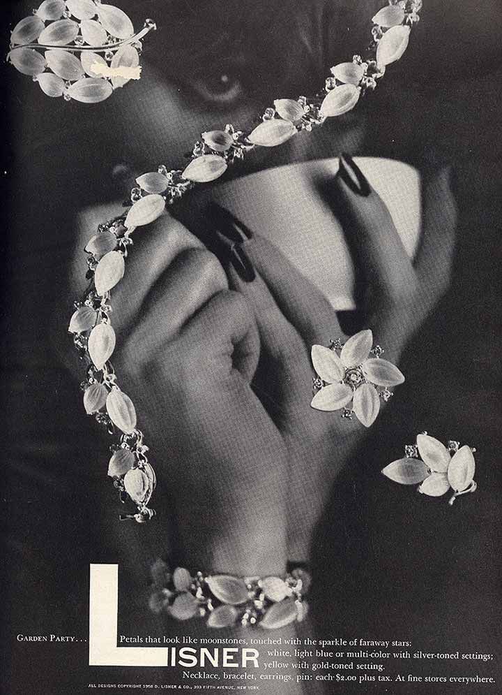 publicité de bijoux Lisner vintage de 1958