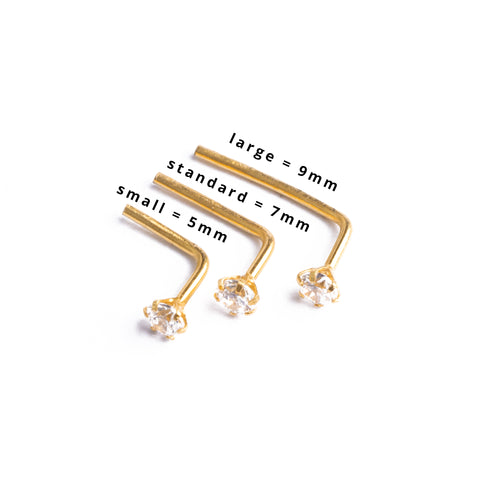 small, standard and large L shaped nose studs in gold available from minar jewellers