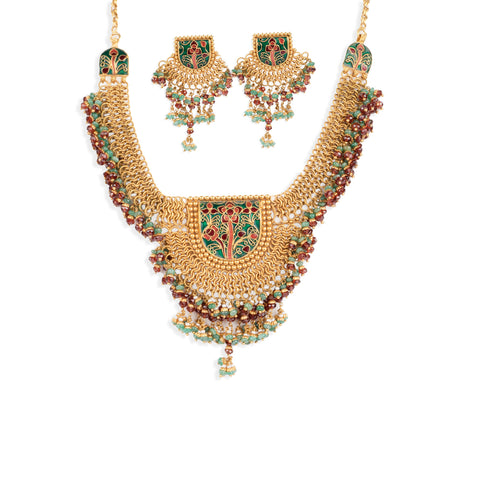 22ct Gold Meenakari style Necklace and Earring set with red and green enamel and beads