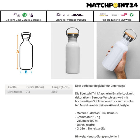 Trinkflaschen aus Edelstahl mit Bambusverschluss für Tennisfans
