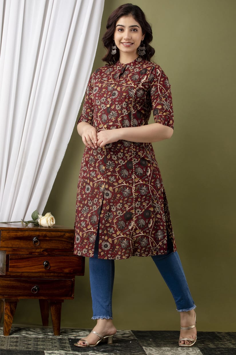 Floral Print Green Trim Angrakha Ladies Kurti – Uniquestuff