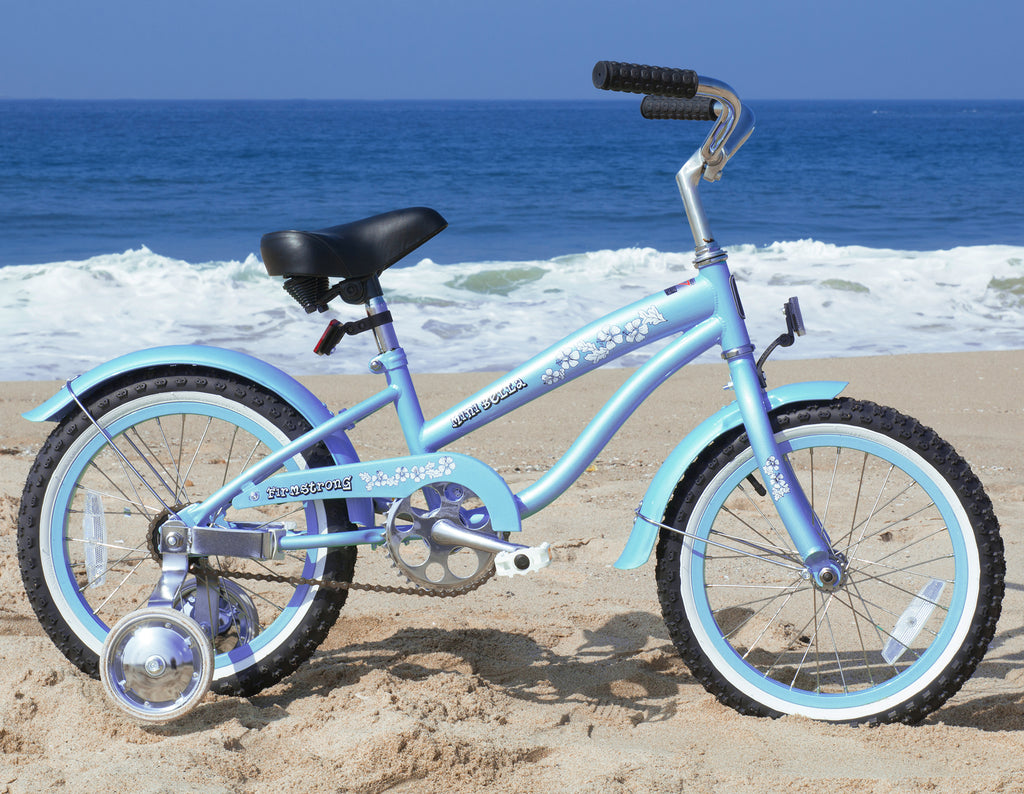 blue bike with training wheels