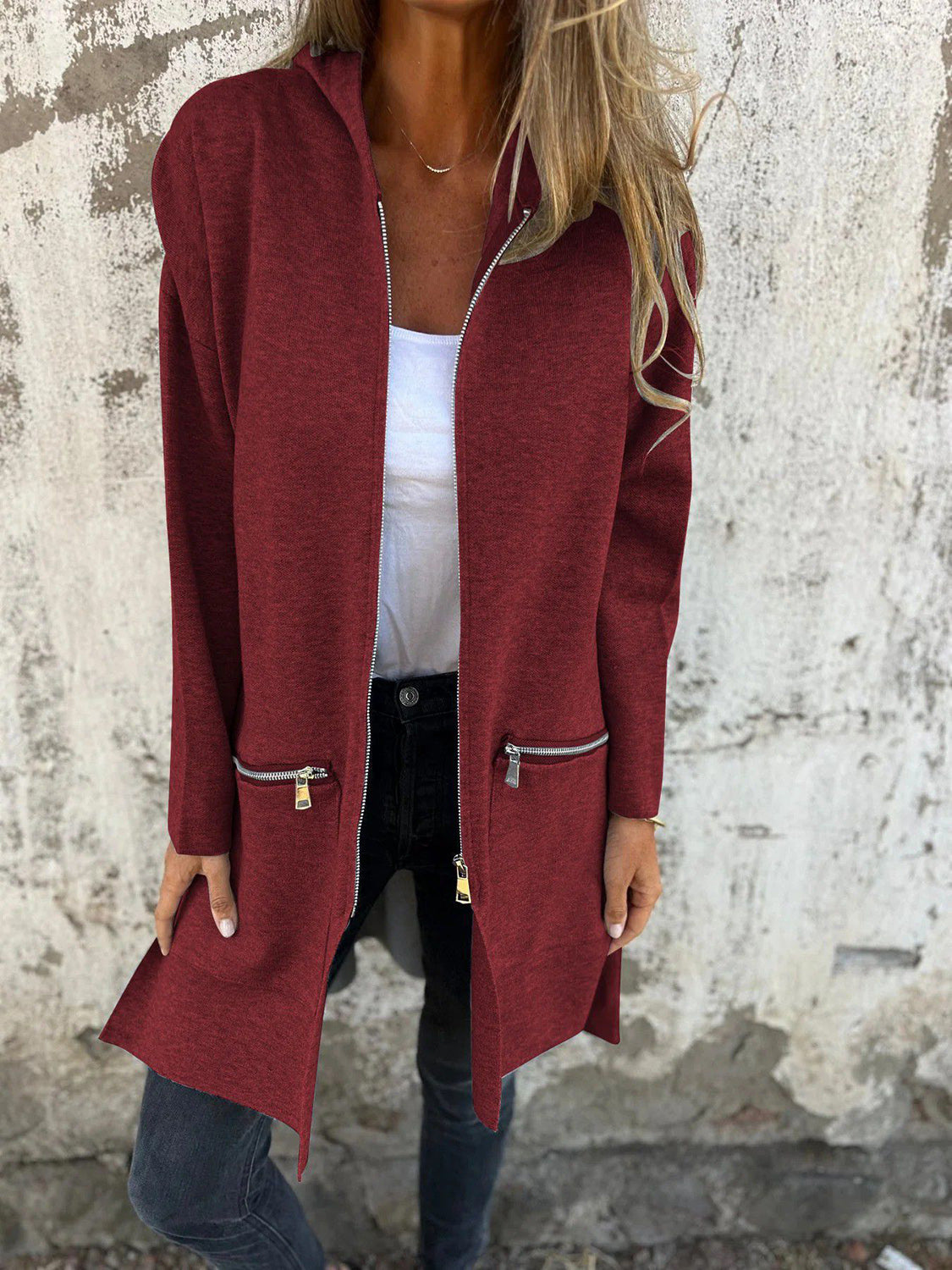 Product Image for Myla | Size Zip Up Drop Shoulder Longline Hooded Jacket, Burgundy / M