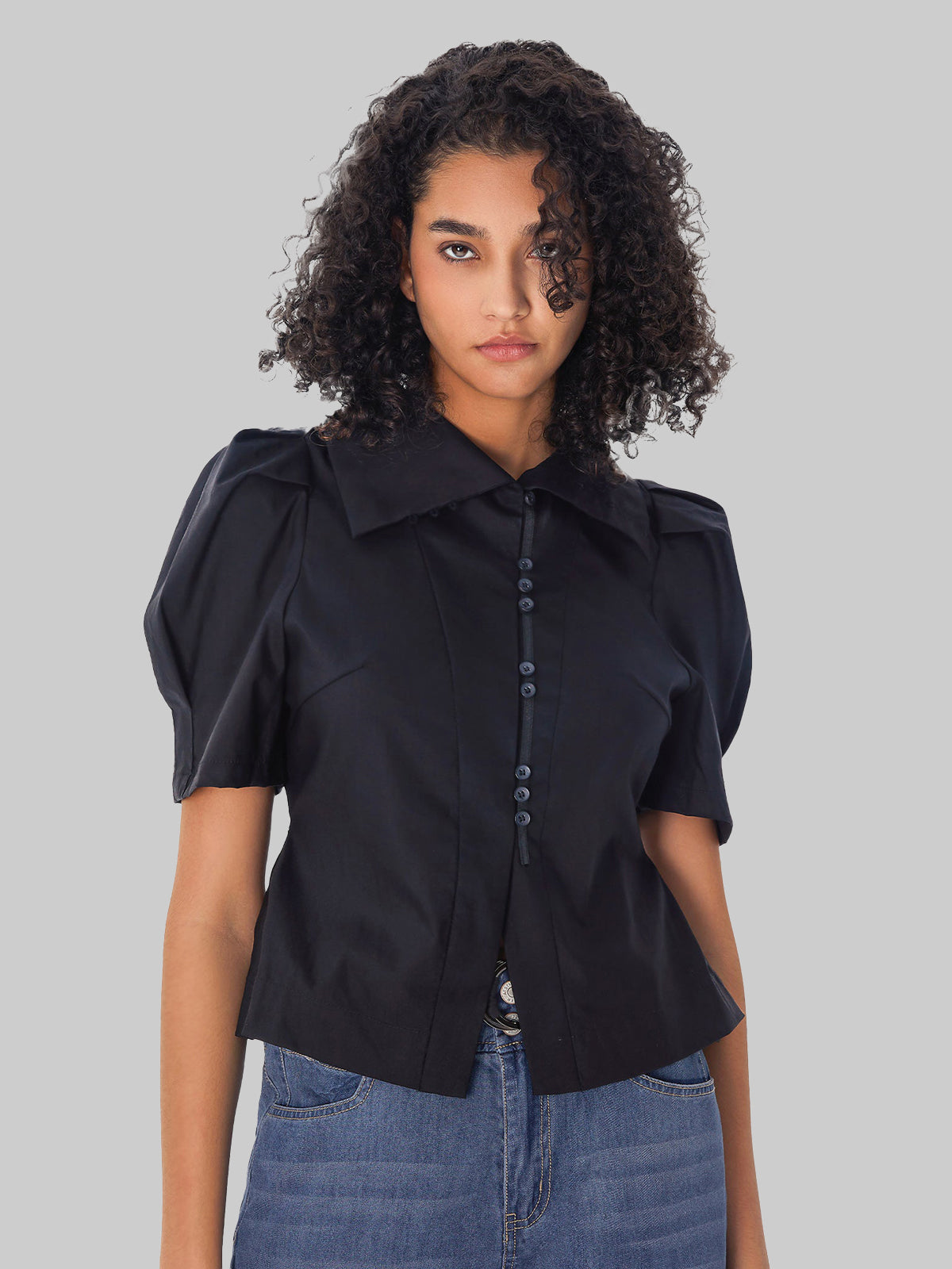 Product Image for Myla | High Collar Puff Sleeve Shirt, Black / XXL
