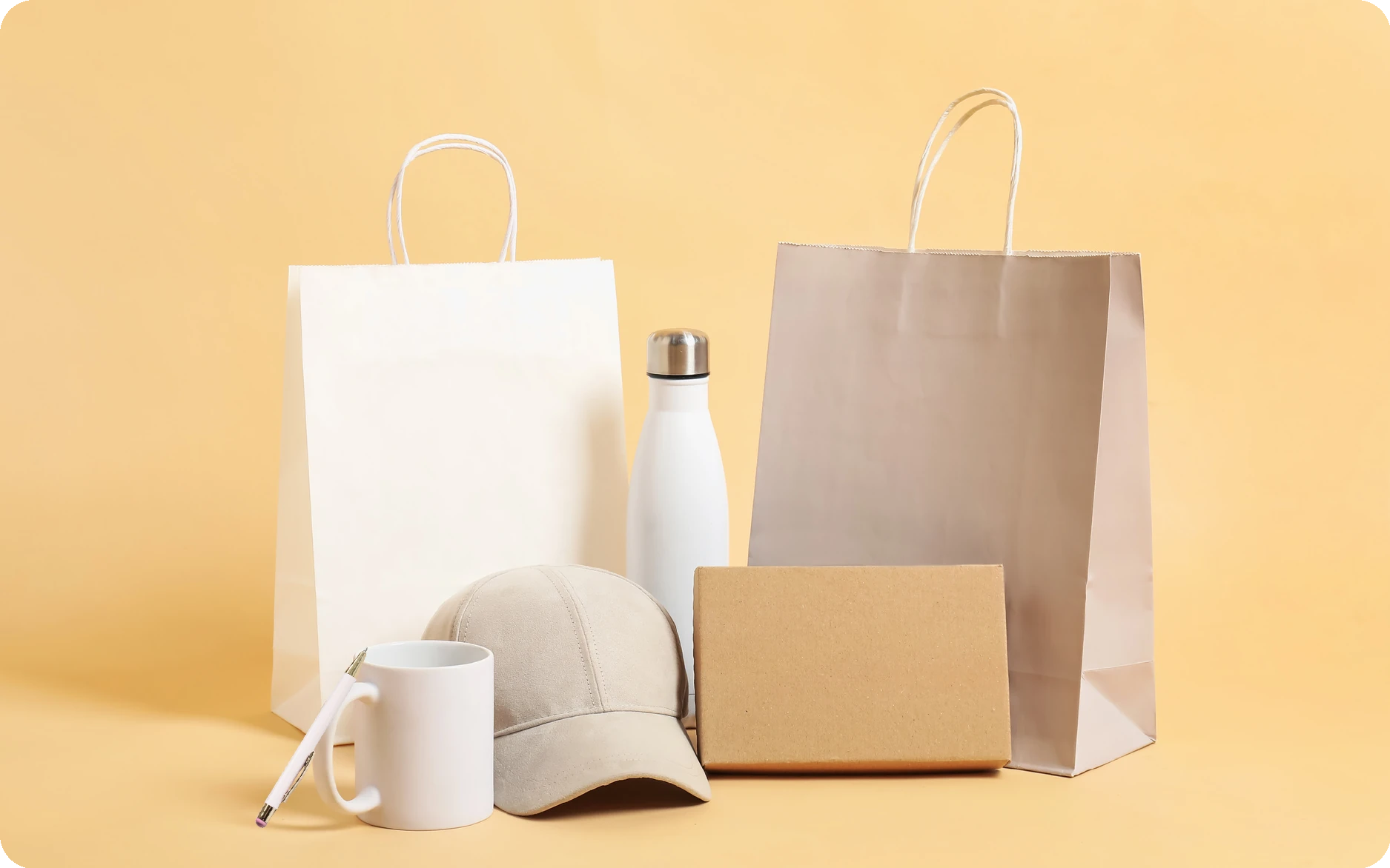 Office and lifestyle merchandise display featuring stylish, functional items for everyday workspaces—ideal for employee appreciation, work kits, and branded corporate gifts