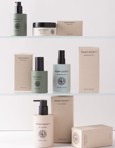 Lineup of 5 Fount Society products on 3 shelves