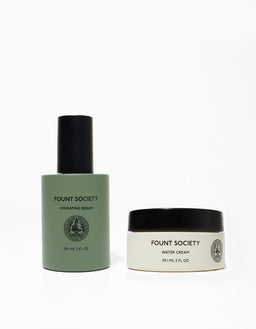 Fount Society hydrating serum and water cream containers.