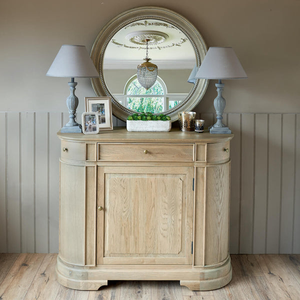 Small curved Belmont weathered oak sideboard