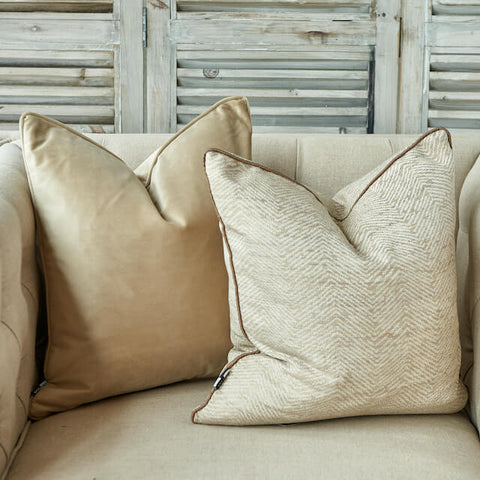 Champagne velvet and natural herringbone patterned luxury cushions