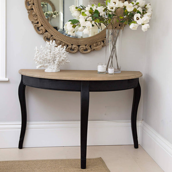 Camille console table in weathered oak with black painted legs